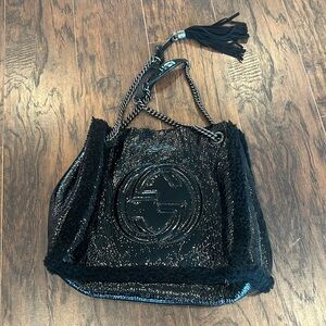 Gucci Bag, shearling lined, vintage black patent